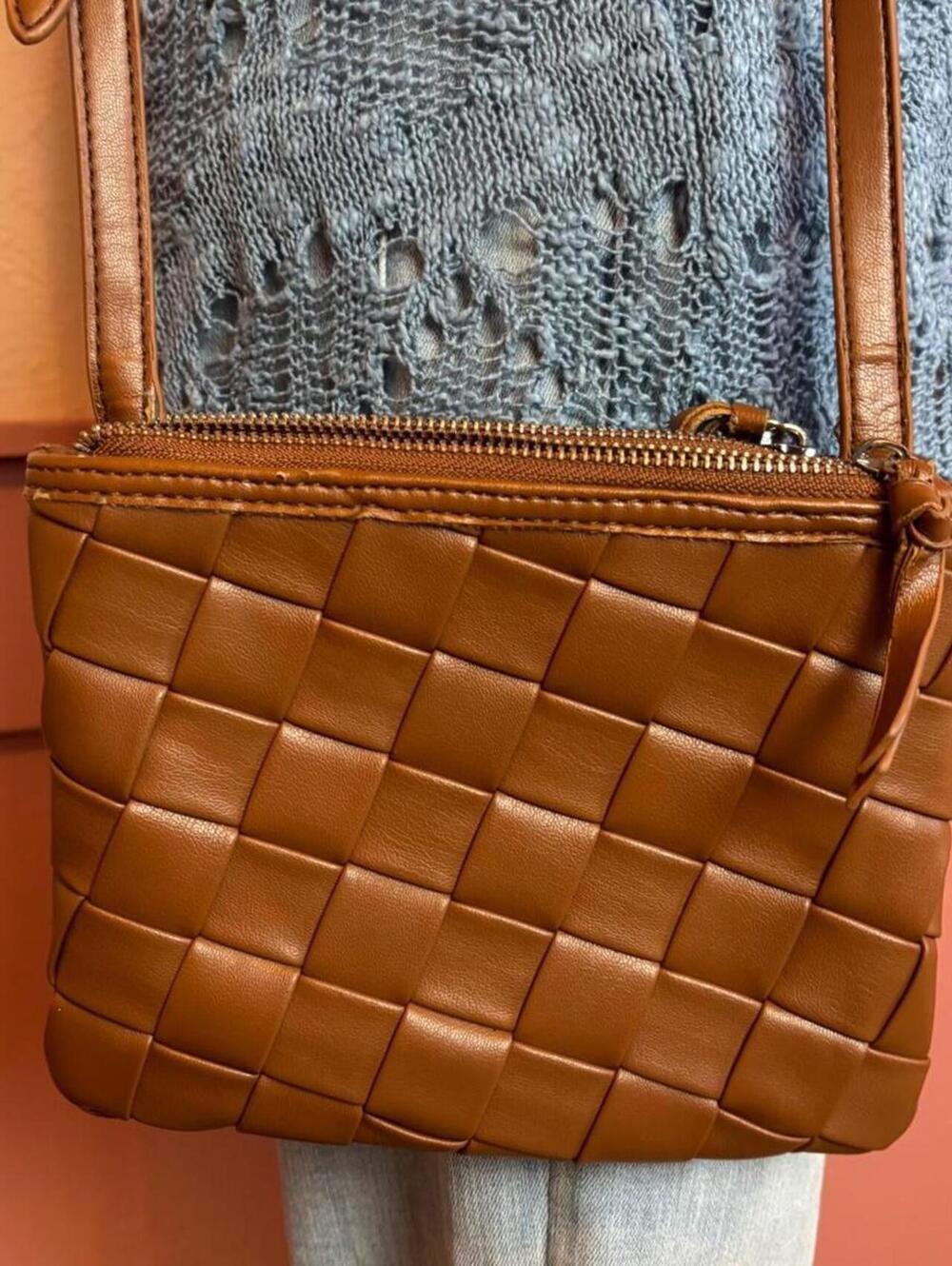 brown woven crossbody bag with quilted texture boho chic indie